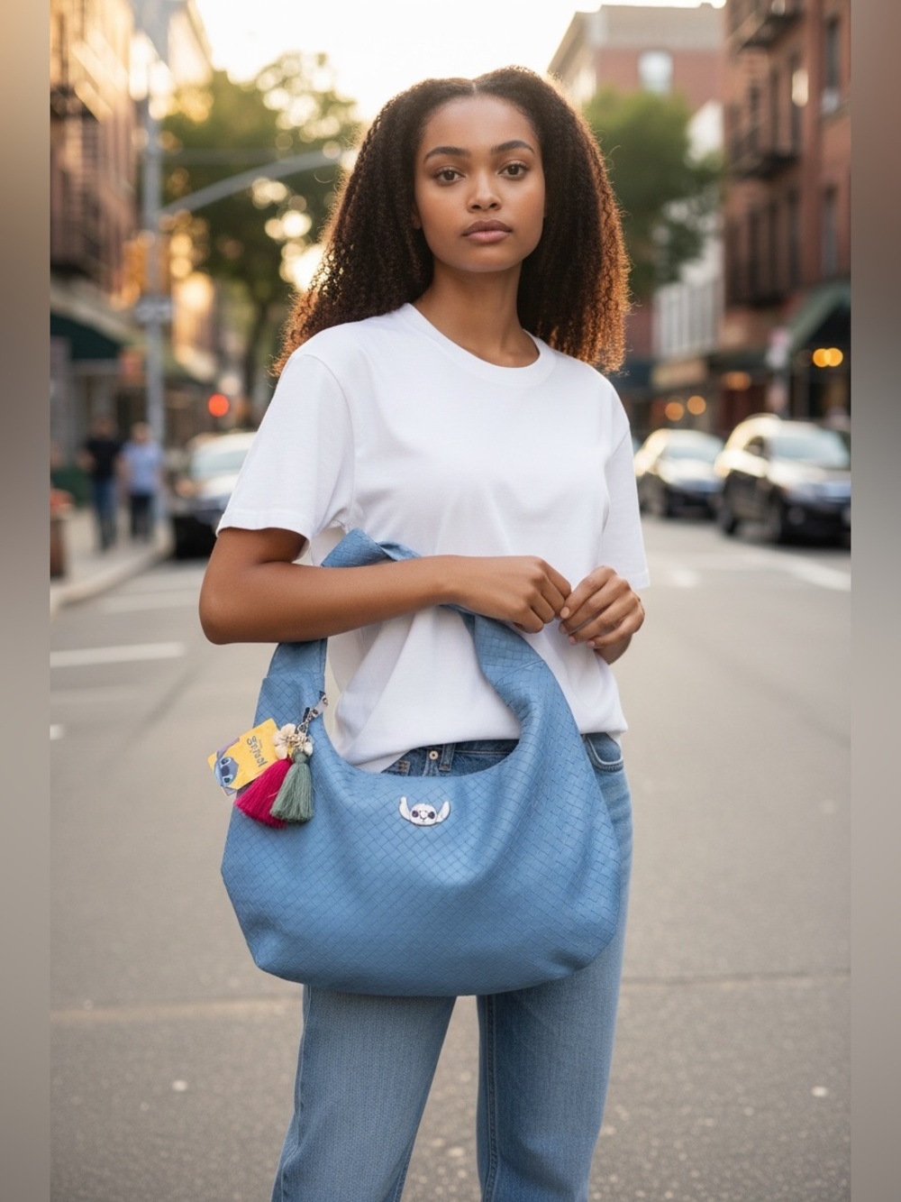 Blue Woven Hobo Bag with Tassel Charm from Stitch